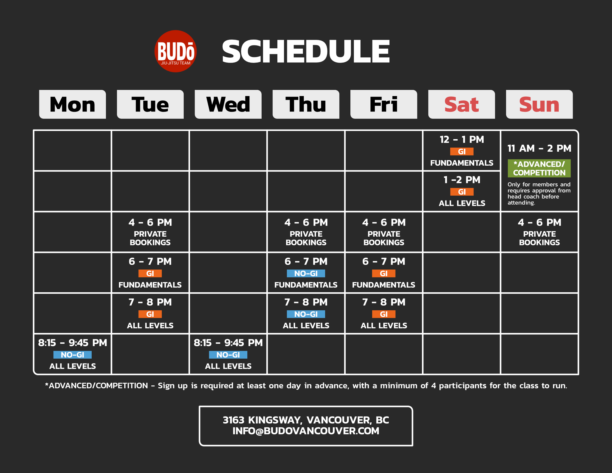 Budo Vancouver weekly class schedule - Gi and No-Gi BJJ classes